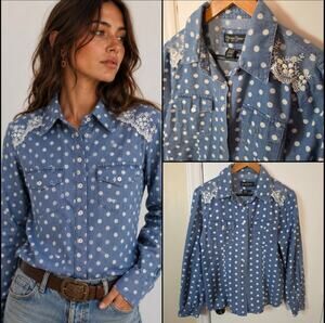 Cotton Polka Dot Lace Denim Chambray Button Shirt Sz L Coastal Country Cottage